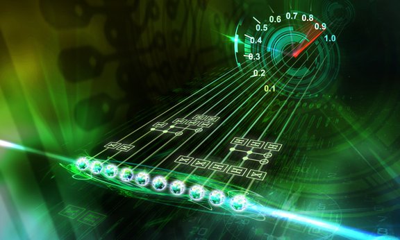 Abstraktes digitales Design mit einem Tachometer und leuchtenden Schaltkreisen vor einem leuchtend grünen und blauen Hintergrund