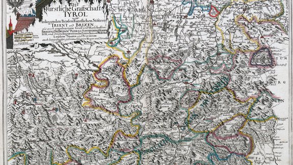 Kupferstich vor 1850 der Topographischen Karte der Grafschaft Tyrol von Strindbeck
