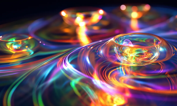 Eine farbenfrohe Flüssigkeit mit schimmernden Blasen, die Licht reflektiert und eine dynamische Atmosphäre schafft