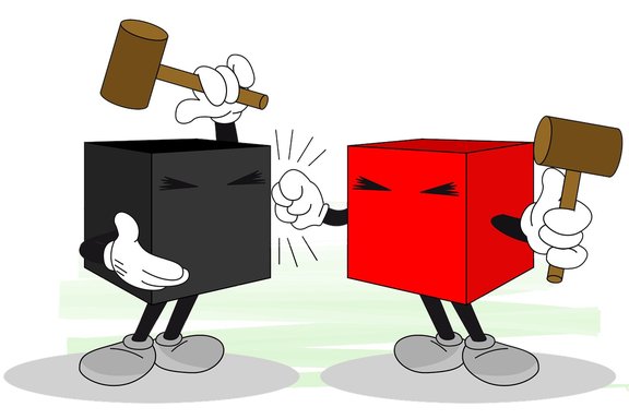 Schwarzer und roter Wahlkarton schlagen sich gegenseitig mit Hammer