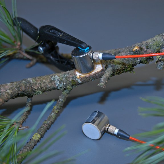 Ultraschallsensor auf Zirbenast/Ultrasonic sensor mounted on Pinus cembra branch