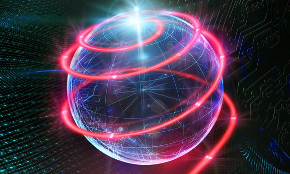 Leuchtende Kugel mit rotem und blauem Licht, schwebend in einem dunklen Raum