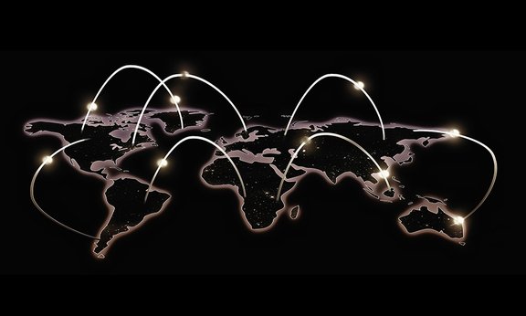 Schwarzer Hintergrund mit Weltkarte die  mit Lichtern vernetzt ist
