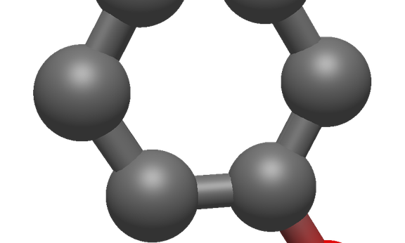 Molekül mit einer roten Kugel oben drauf, die die Struktur und Bindungen der Atome darstellt