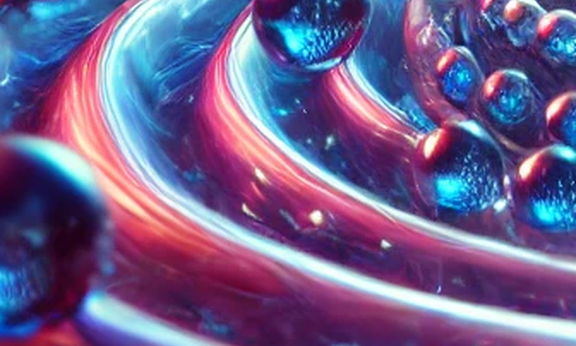 Eine digitale Spirale, geschmückt mit glitzernden Wassertropfen, die das Licht reflektieren