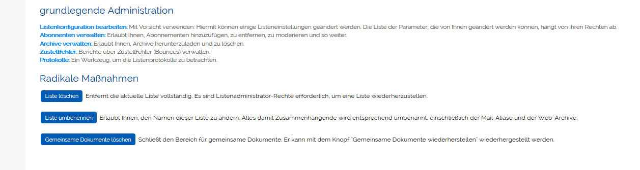 Das Listen-Administrationsmenü