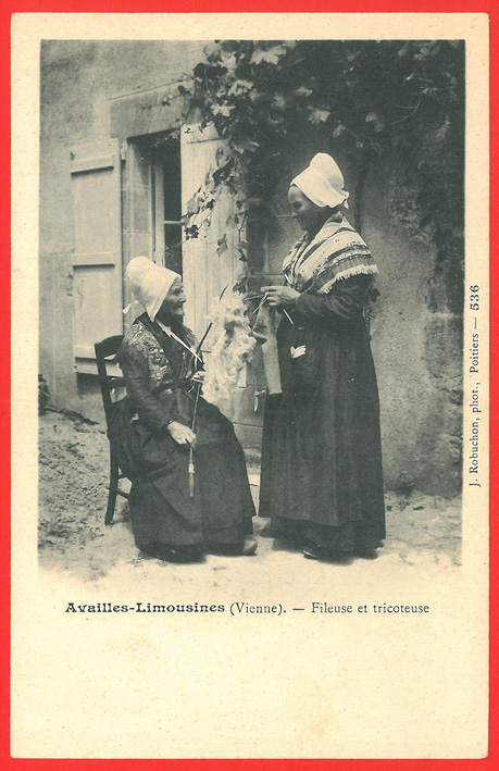 Frauen beim Spinnen und Stricken / women spinning and knitting