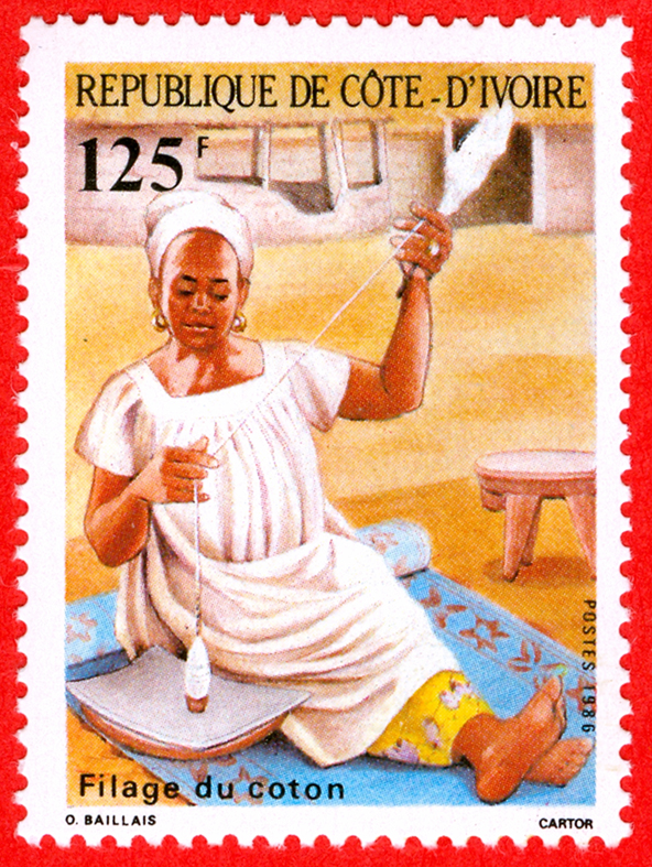 Ivory Coast, woman spinning, stamp