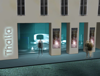 Die Thalia-Fassade bei Nacht wie sie nach Ideen von Studierenden aussehen könnte. Es  …
