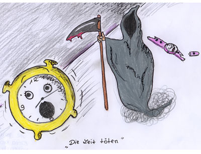 Zeichnung zu „ammazzare il tempo“ (die Zeit totschlagen, wörtl.: „töten“) von: Elena  …