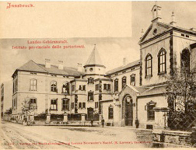 Die Landesgebäranstalt in Wilten bei Innsbruck, Ansichtskarte 1909, Stadtarchiv Innsb …
