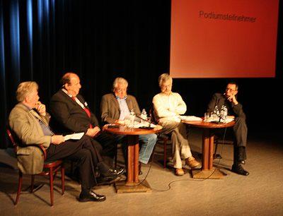 Das Podium: v.l.: Prof. Raaflaub, Prof. Skalicky, Prof. Confais und Prof. Liessman