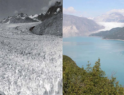 Muir Glacier in Alaska, August 1941 (li.) und August 2004, Foto: W.O. Field und Bruce …
