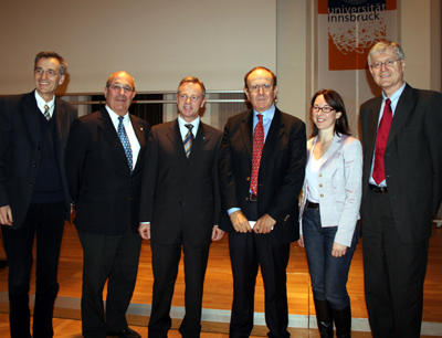 v.l.: Vizerektor Tilmann Märk, Dr. Hansjörg Jäger (Wirtschaftskammer Tirol), Dr. Günt …