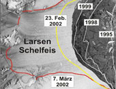 Satellitenaufnahme des Larsen-Schelfeis an der antarktischen Halbinsel (Quelle: IMGI  …