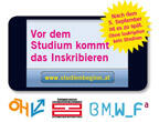 Vor dem Studium kommt das Inskribieren Smartphone auf Bildschirm steht "Vor dem Studium kommt das Inskribieren. Nach dem 5. September ist es zu spät. www.studienbeginn.at"