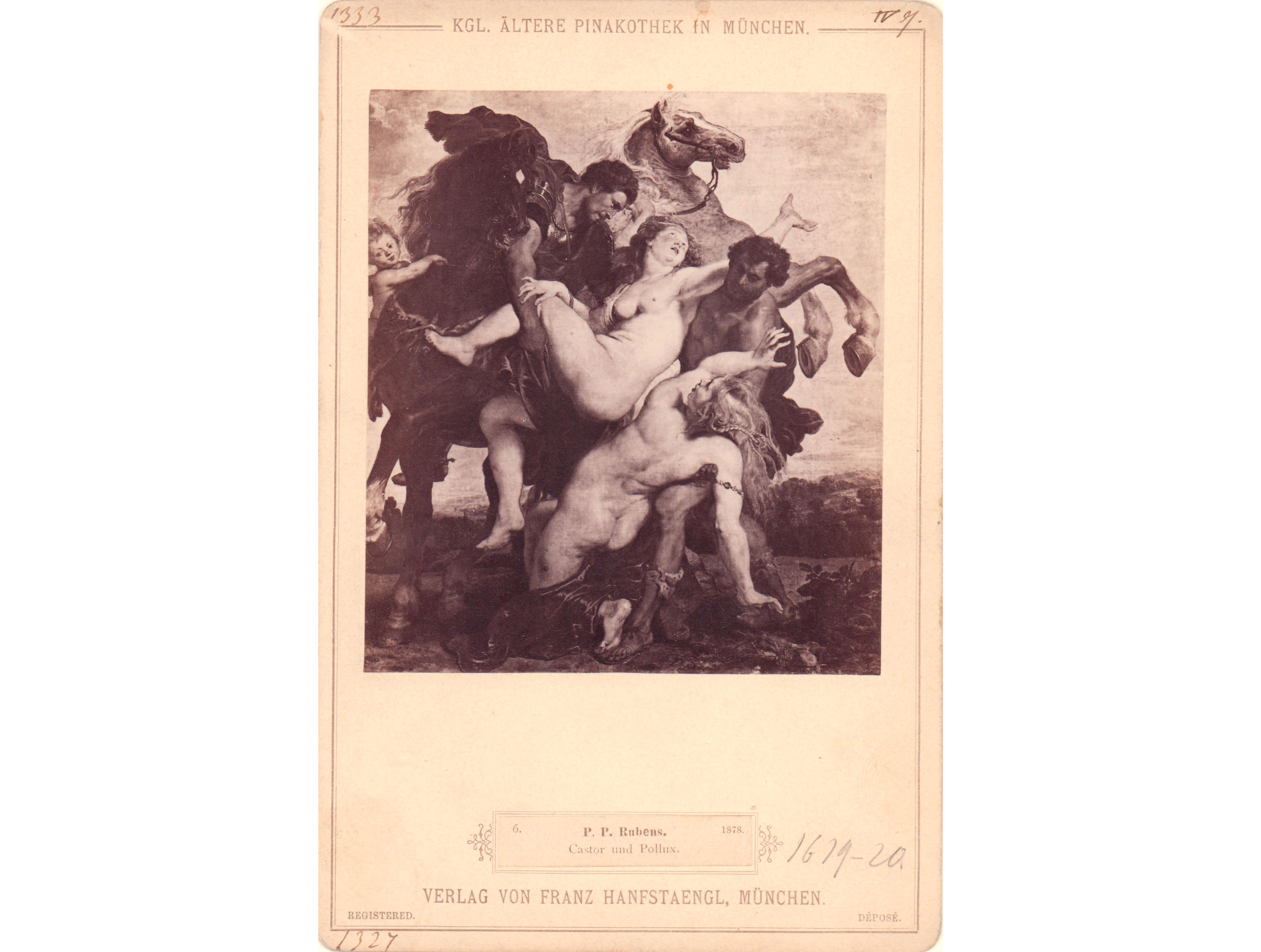 Fotografie (Albuminabzug auf Karton, Kabinettkarte), Rubens, Castor und Pollux, Verlag von Franz Hanfstaengl, Inv.-Nr. 1333, 17 x 11 cm
