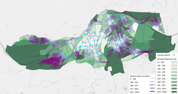 A map visualizing the distance measurements between residential buildings and citybike stations in Innsbruck. The shading of the colored segments and lines indicates the quality of connection to the bike network in that area.
