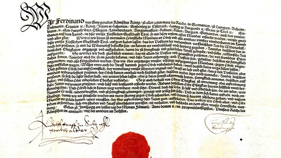 Befehl Ferdinands I. aus dem Jahr 1532, dass keinem Mitglied „der verdammten und verführerischen Sekte“ der Wiedertäufer Herberge gegeben werden darf