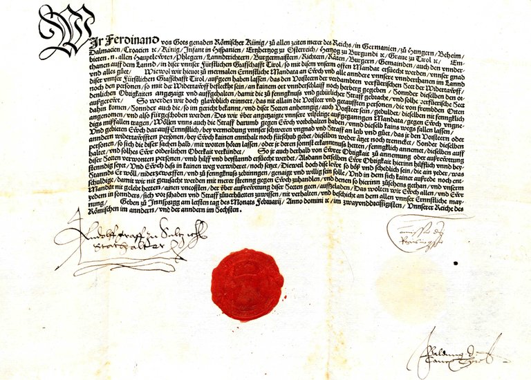 Befehl Ferdinands I. aus dem Jahr 1532, dass keinem Mitglied der verdammten und verführerischen Sekte der Wiedertäufer Herberge gegeben werden darf