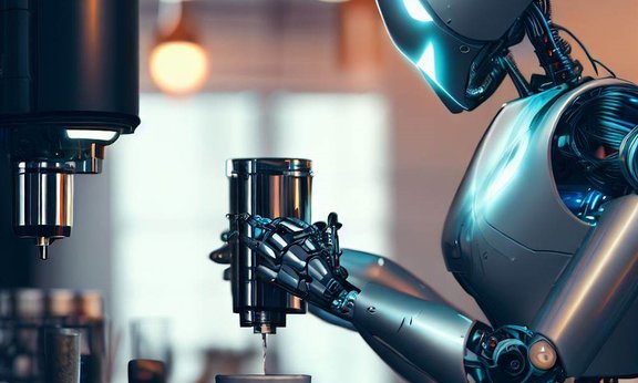 Ein Roboter, der an einer Kaffeemaschine Kaffee macht