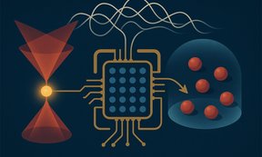 KI generierte Illustration des beschriebenen Konzepts mit einem Prozessor in der Mitte, einem Reservoir von Atomen rechts und einem Atom das von Lasern angestrahlt wird links.