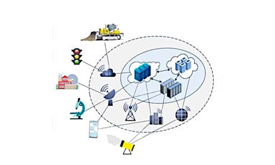 Das bild ist bunt, zwei Kreise ineinander und eine vielfache Darstellung von Icons, die miteinander verbunden sind, zum Beispiel Computer, Maschine, Satellit, Häuser, Bagger, Ampeln etc. Stellt eine vielfache Vernetzung