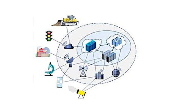 Das bild ist bunt, zwei Kreise ineinander und eine vielfache Darstellung von Icons, die miteinander verbunden sind, zum Beispiel Computer, Maschine, Satellit, Häuser, Bagger, Ampeln etc. Stellt eine vielfache Vernetzung