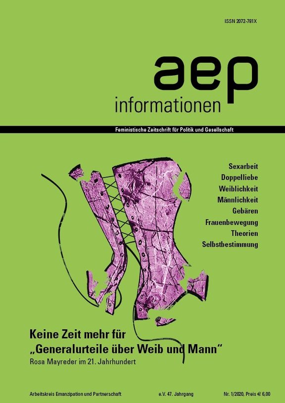 Cover aep 1/2020: grün mit einem rosanen Korsett,  Titel: Keine Zeit mehr für "Generalurteile über Weib und Mann"