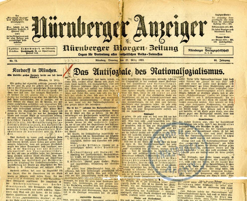 Nürnberger Anzeiger. Nürnberger Morgen-Zeitung. Organ für Vertretung aller freiheitlichen Volks-Interessen. Dienstag, 27. März 1923, 1–2 (Leitartikel)
