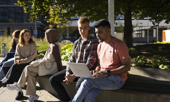 Studierende sitzen am Campus Technik und schauen auf den Bildschirm eines Laptops