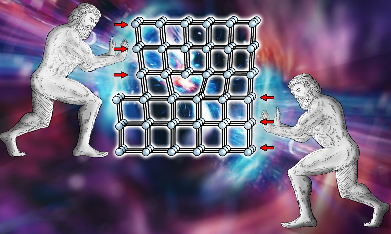 Illustration, in der zwei griechische Statuen eines bärtigen Mannes ein Atomgitter zusammendrücken.