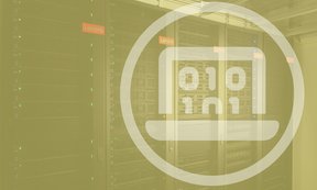 Icon, das einen Computer darstellen soll. Im Hintergrund sind die Racks eines Hochleistungsrechners zu sehen.