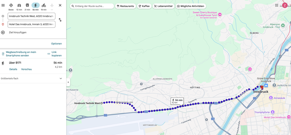 Google Maps directions from the conference venue to the conference dinner