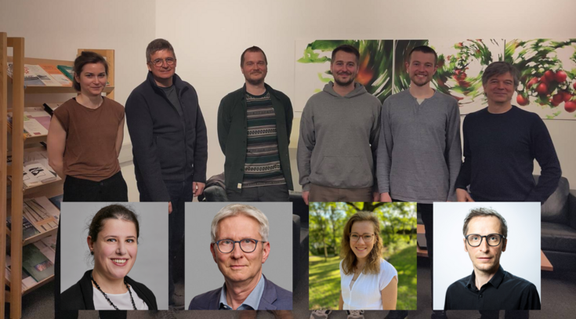 Gruppenporträt des Forschungsteams hinter der ausgezeichneten Studie: oben sechs Personen vor einer Bilderwand, unten vier Einzelporträts.