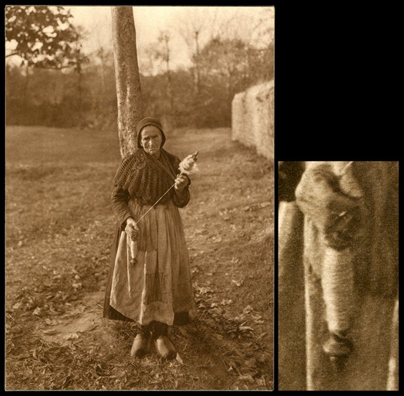 France, Brittany, Roscanvel, woman spinning