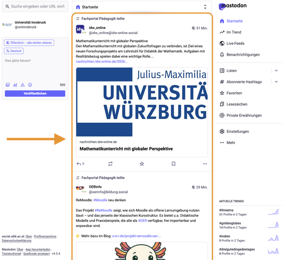 Screenshot Mastodon: mittlere Spalte