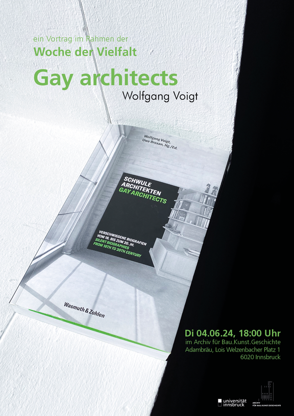 Plakat zum Vortrag Gay architects von Wolfgang Voigt, Plakat: Mari Andresen, 2024.