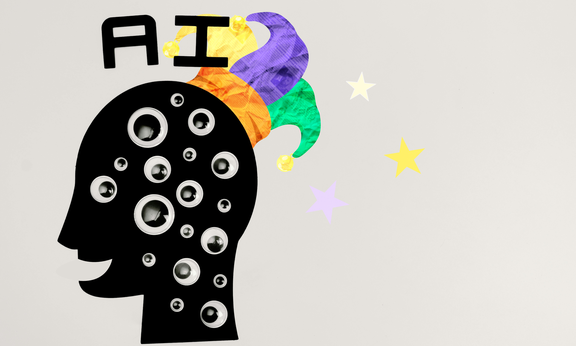 Symbolbild für künstliche Intelligenz: eine Kopf Silhouette mit Narrenhut auf.