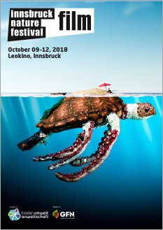 Plakat für INFF 2018, Schildkröte schwimmt in blauem Wasser, auf sie drauf ein Sonnenschirm mit Angler
