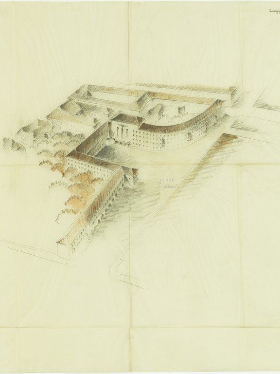 Franz Baumann, Wettbewerbsbeitrag Landhaus-Erweiterungsbau 1938,  kolorierte Perspektive (AfBKG NL Franz Baumann, Inv-Nr. 1-407-1f)