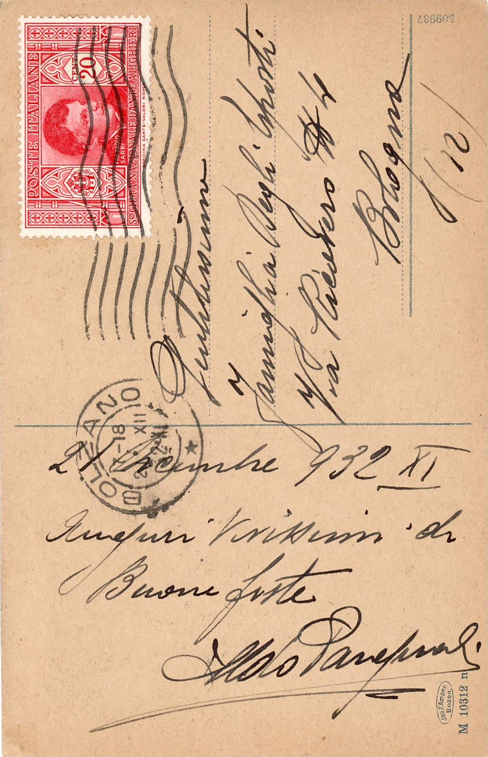 Postkarte Abbildung Rückseite das neue Rathaus Bozen, 1907