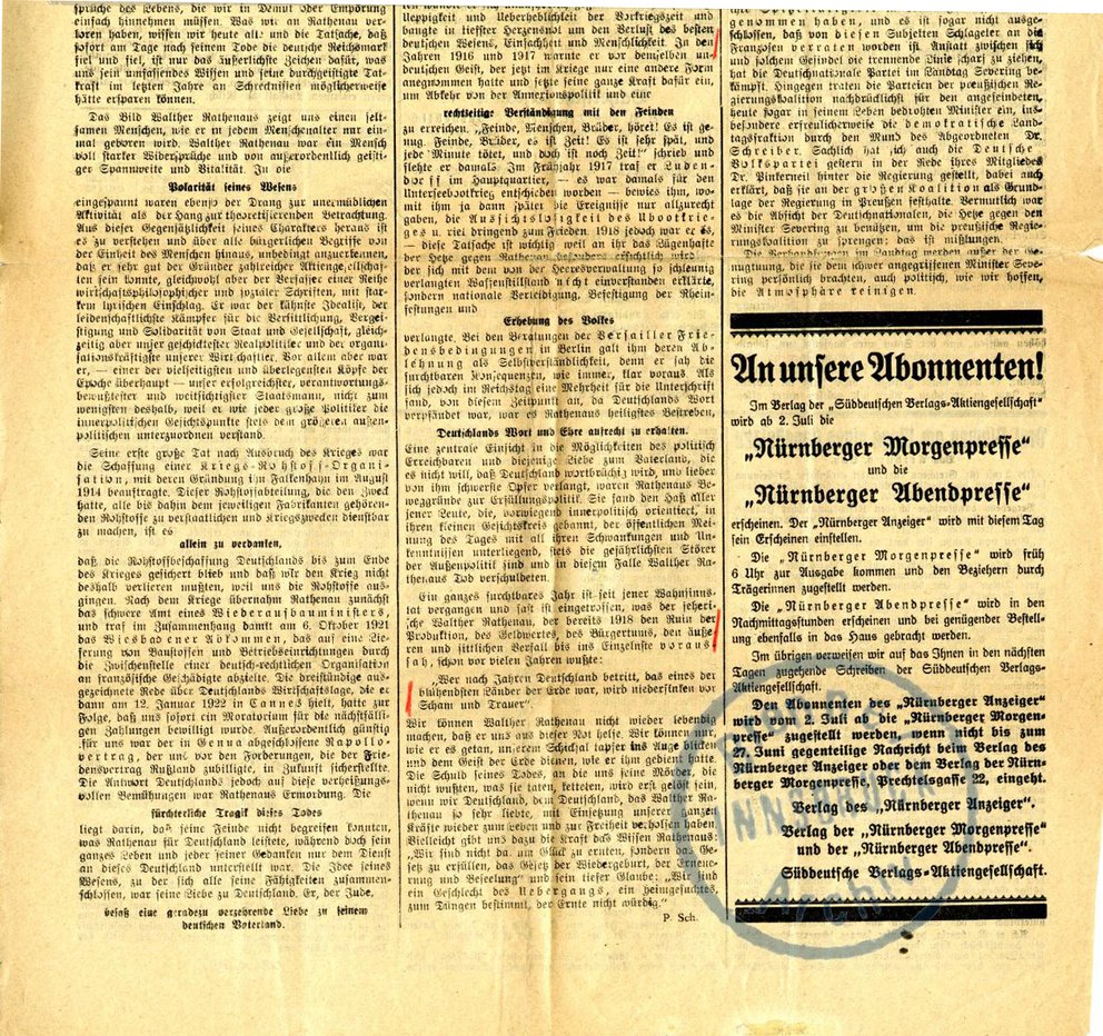 Nürnberger Anzeiger. Nürnberger Morgen-Zeitung, Fränkische Freie Presse. Samstag, 23. Juni 1923, Ausgabe B, 1 (Leitartikel).