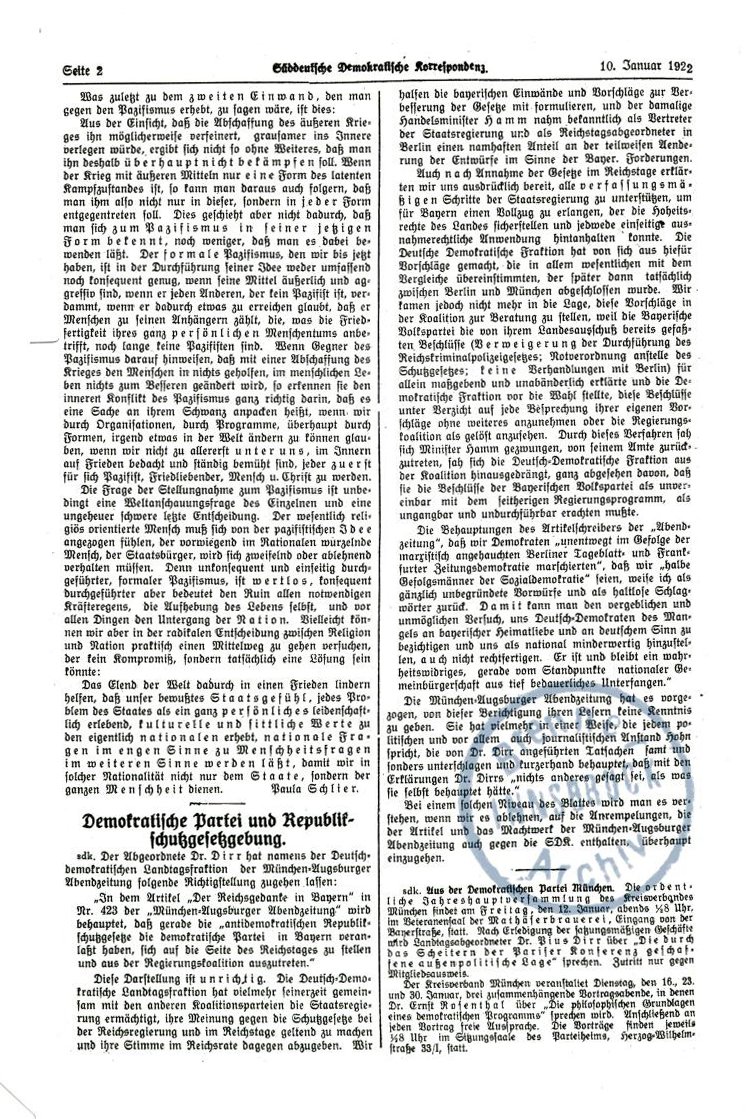 Süddeutsche Demokratische Korrespondenz Nr. 4, 5. Jg., München 10.1.1923, 1-2.