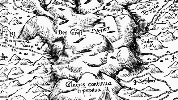 schwarz-weiß Karte von Tirol von 1605, Ausschnitt Der "Groß-Verner" Ötztal-Schnals