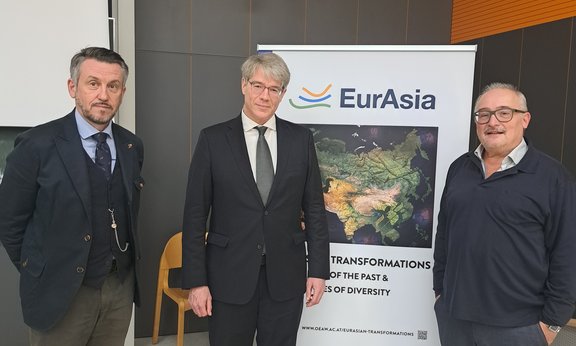 Das Bild zeigt ein Banner von EurAsian-Transformations und drei beteiligte Wissenschaftler.