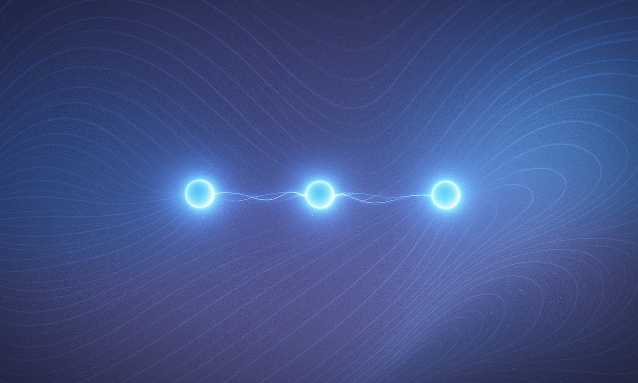 Three blue spheres on a blue background, connected by white lines.
