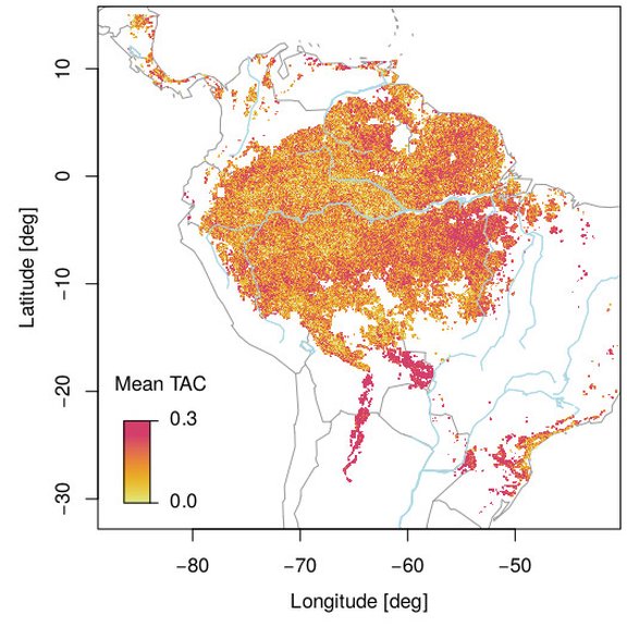 Geschätzte durchschnittliche Resilienz abgeleitet von der zeitlichen Autokorrelation von MODIS-NDVI-Zeitreihen: Je satter die rote Farbe, desto höher die Autokorrelation. (Grafik: Umlauf)