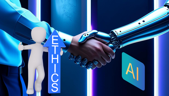 Ein Mensch und ein Roboter reichen sich die Hände und bringen damit Hoffnung, Vertrauen und eine gemeinsame moralische Verantwortung zum Ausdruck, eine Zukunft zu gestalten, in der die Technologie der Menschenwürde dient.