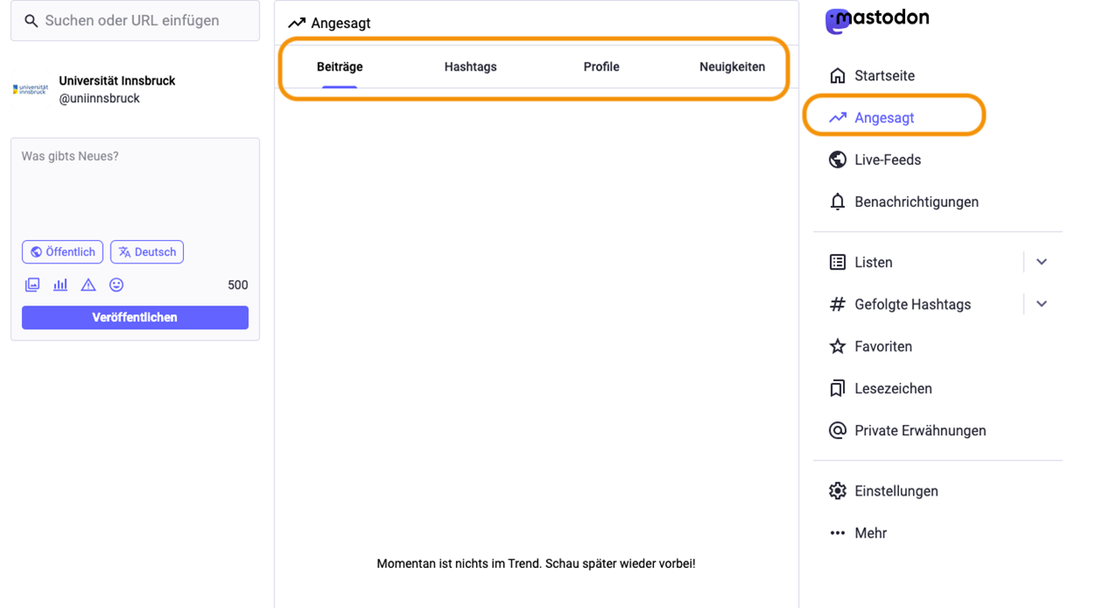 Screenshot Mastodon: rechte Spalte